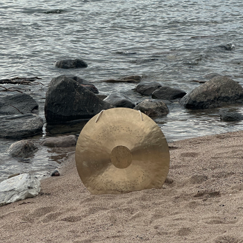 A large golden gong lies partly embedded in the sand with dark grey rocks and Lake Ontario rippling in the background